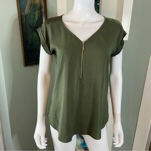 Express Army Olive V-Neck Zipper Blouse Top Shirt Small S Zip